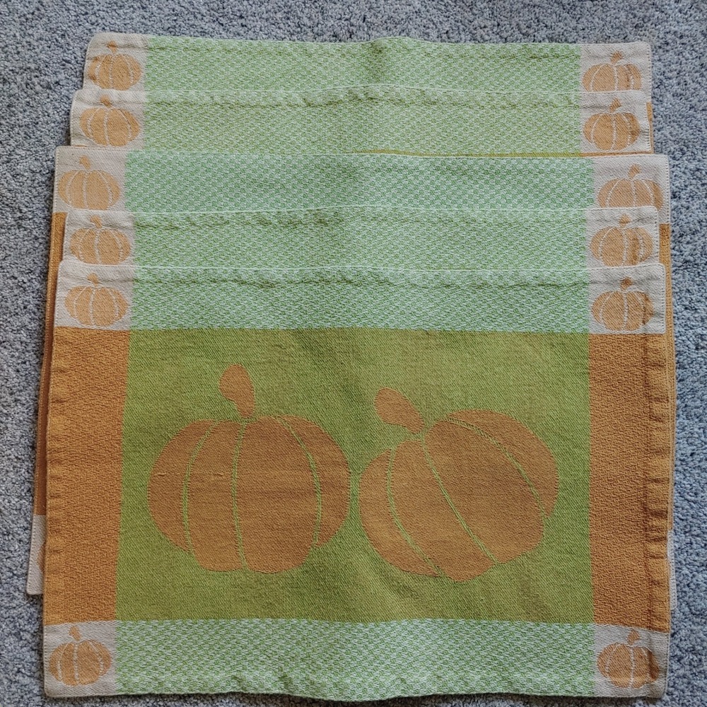 Vintage Kmart Fall Harvest Pumpkin Placemats Set of 5 Cotton Orange Green 90s